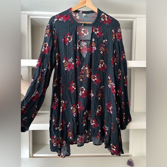 Free People Hunter Green  Floral Boho Open Long Sleeve Tunic Mini Dress Small - Picture 3 of 8